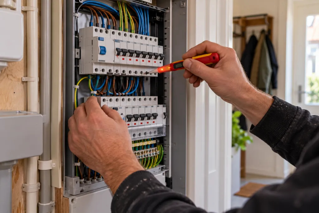 Elektricien aan het werk in een geopende groepenkast met nieuwe groepen