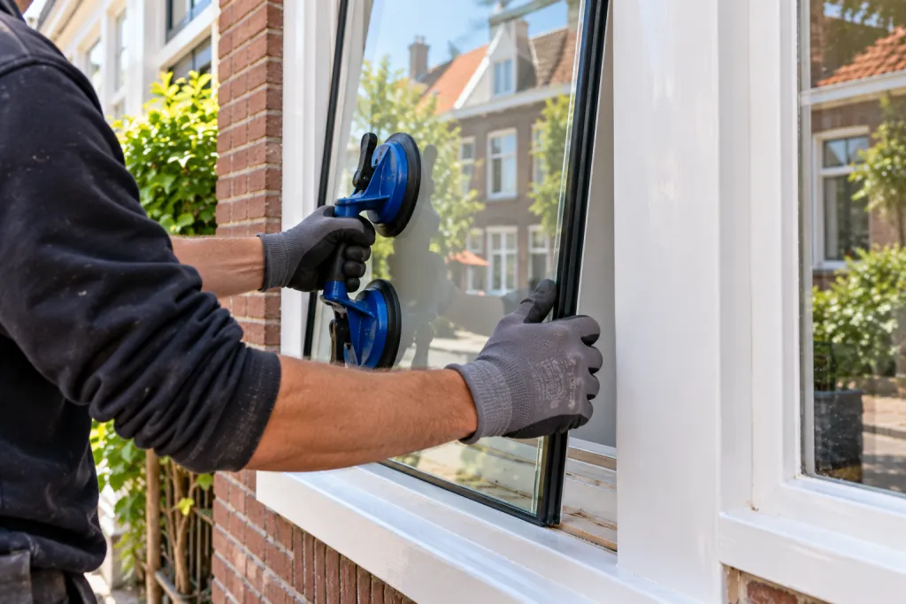 Glaszetter die een nieuwe dubbele ruit in een wit houten kozijn plaatst