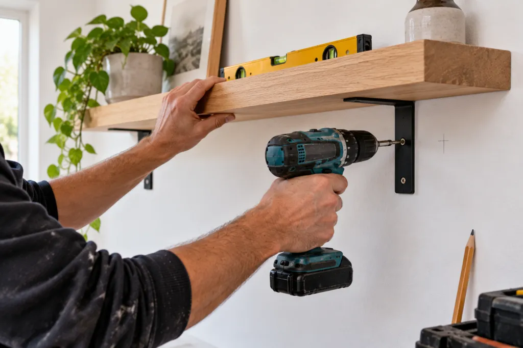 Klusjesman die een plank aan de muur bevestigt met een accuboormachine
