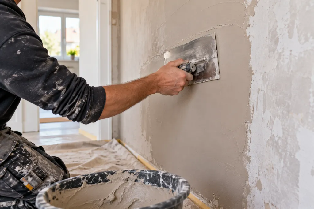 Stukadoor die vers stucwerk gladstrijkt met een brede spaan