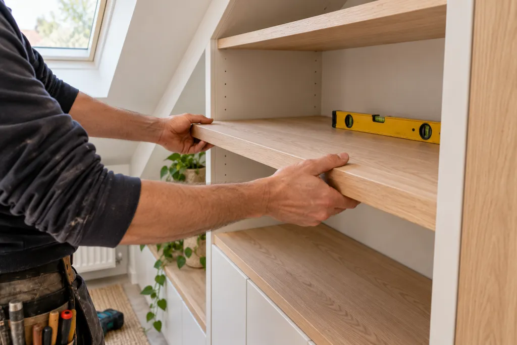 Timmerman die een eiken plank plaatst in een inbouwkast onder een schuin dak